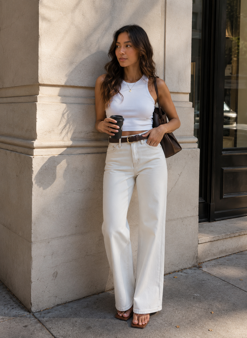 ONESO Wide Leg BBL Jeans for Women Stretchy Mid Low Rise Butts Lifting Baggy Jeans Trendy Loose Fit Cute Mom Jeans Casual White