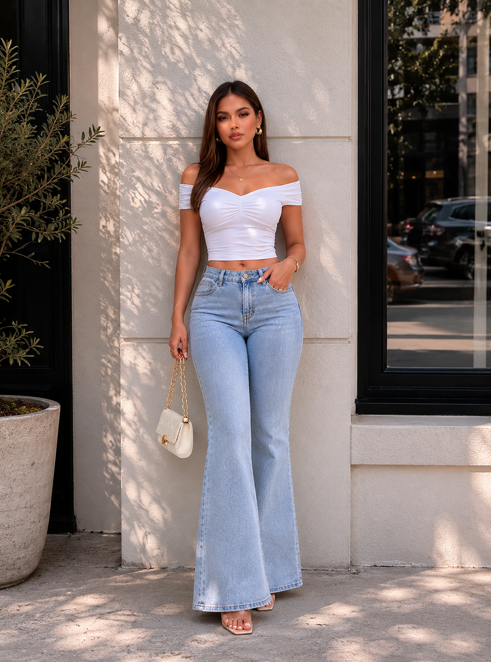SHAPUM High Waisted Washed Vintage Flared Jeans