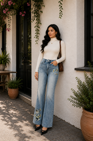 BlueMoment Women's Embroidered Curve Slim Fit Mid-Rise BBL Jeans