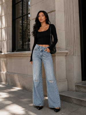 SHAPUM Women High Rise Ripped Bootcut Flare Jeans