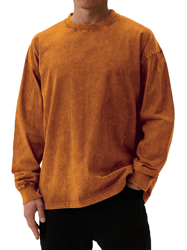 Men's Retro Round Neck Washed And Distressed Long-sleeved T-shirt