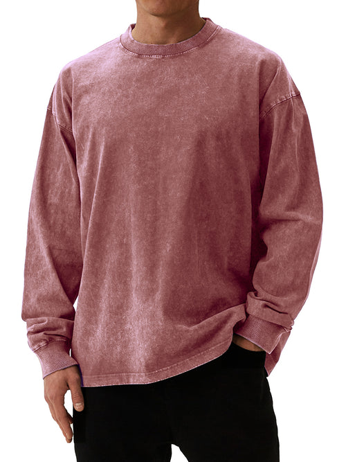 Men's Retro Round Neck Washed And Distressed Long-sleeved T-shirt