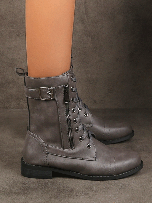 Leather Zipper Round Toe Boots