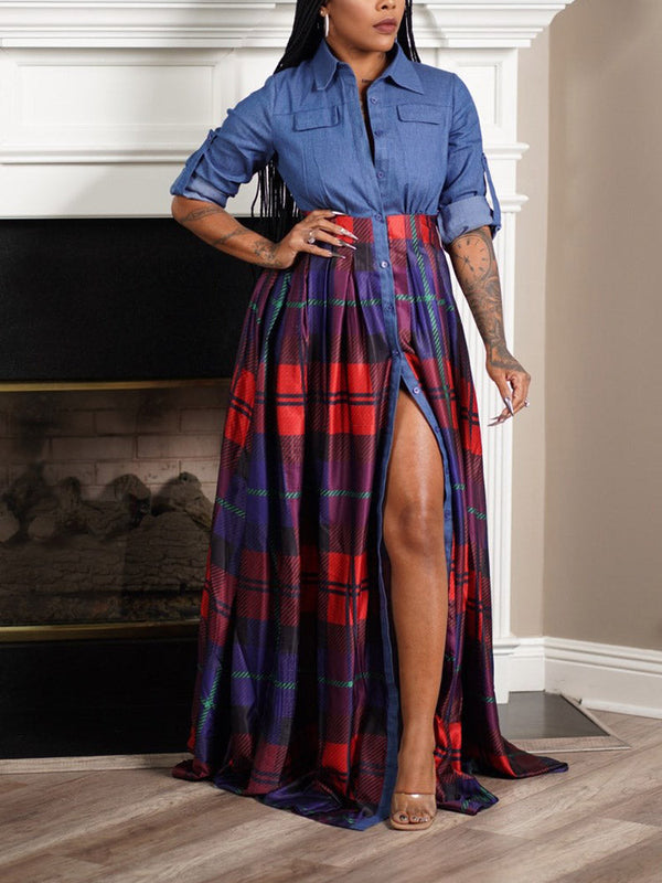 Denim Plaid Maxi Dress