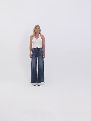 High Rise Stretch Wide Leg Side Slit Grinding Jeans