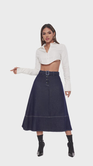 Indigo Elegance Belted A-Line Skirt