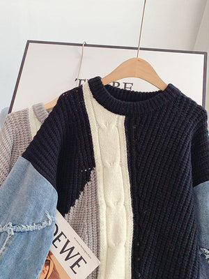 Knitted Denim Patchwork Sweater