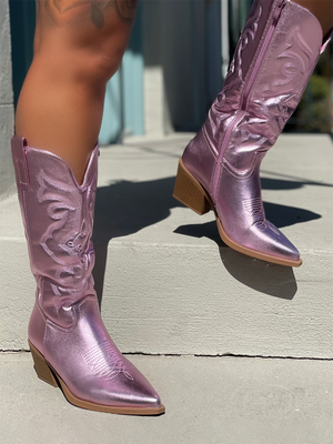 Metallic PU Leather Cowboy Boots