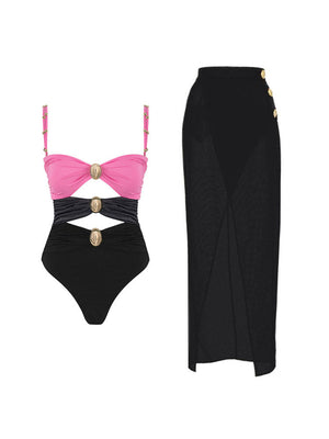 Color Block Cutout Swimsuit Set