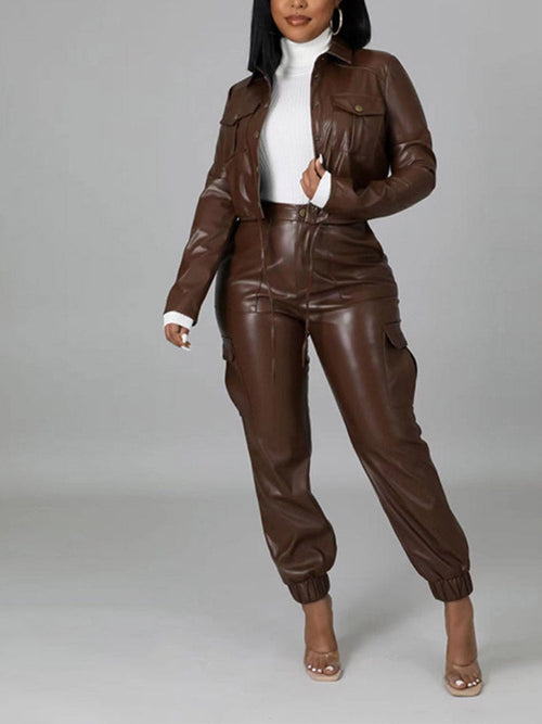 Leather Crop Jacket And Pants Set