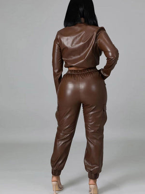 Leather Crop Jacket And Pants Set