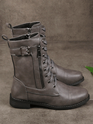 Leather Zipper Round Toe Boots