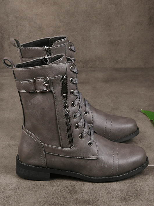 Leather Zipper Round Toe Boots