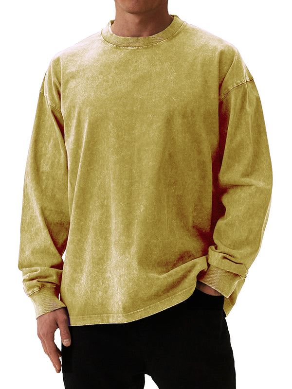 Men's Retro Round Neck Washed And Distressed Long-sleeved T-shirt