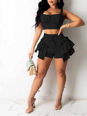 Sleeveless Crop Top Ruffle Shorts Set